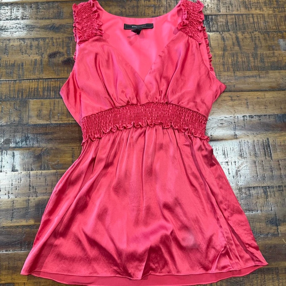 BCBGMAXAZRIA Silk Blend Ruffle Shoulder Smocked Waist Blouse Pink XS